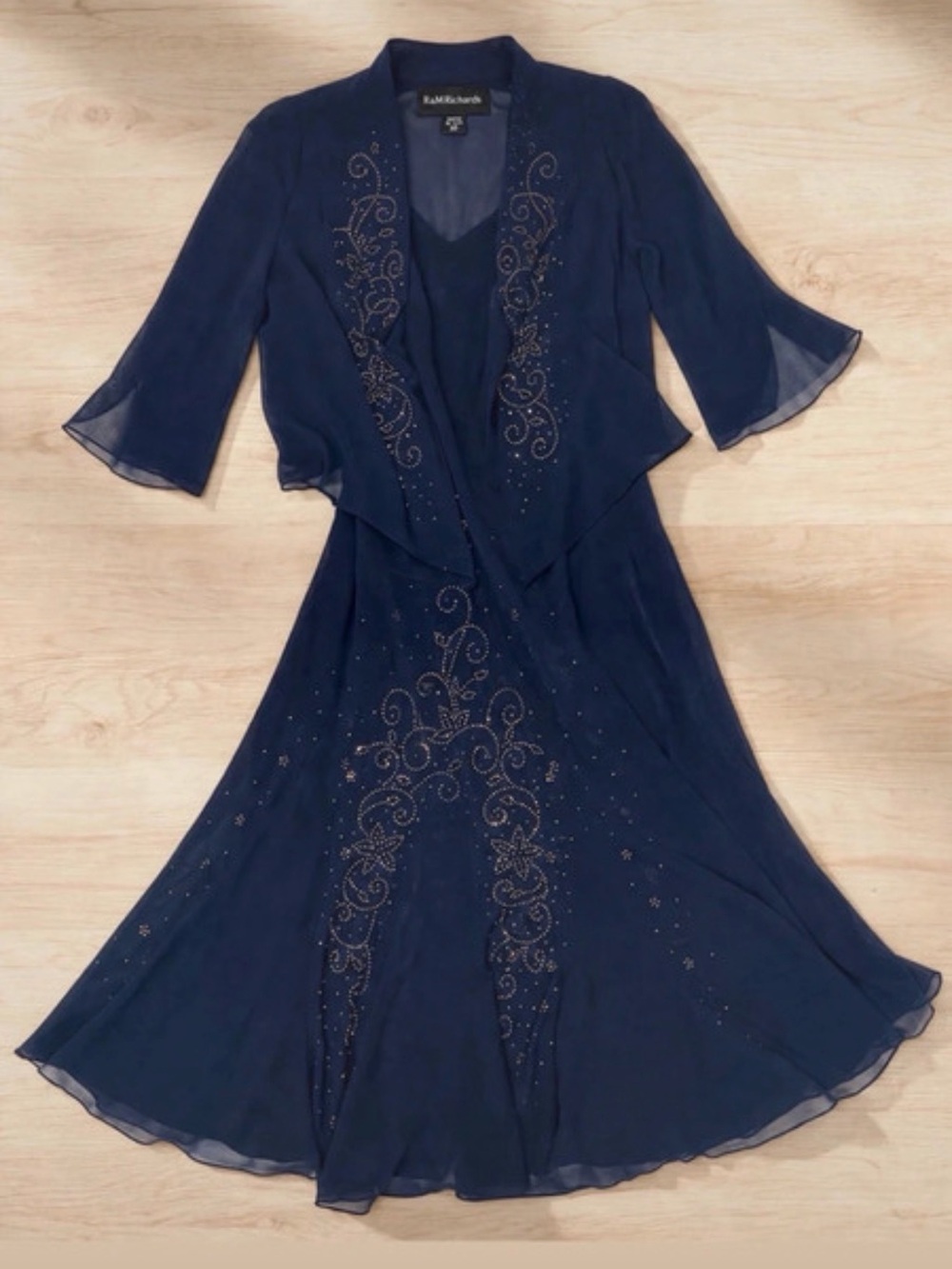 R&M Richards Navy Embellished Chiffon Evening Dress and Jacket